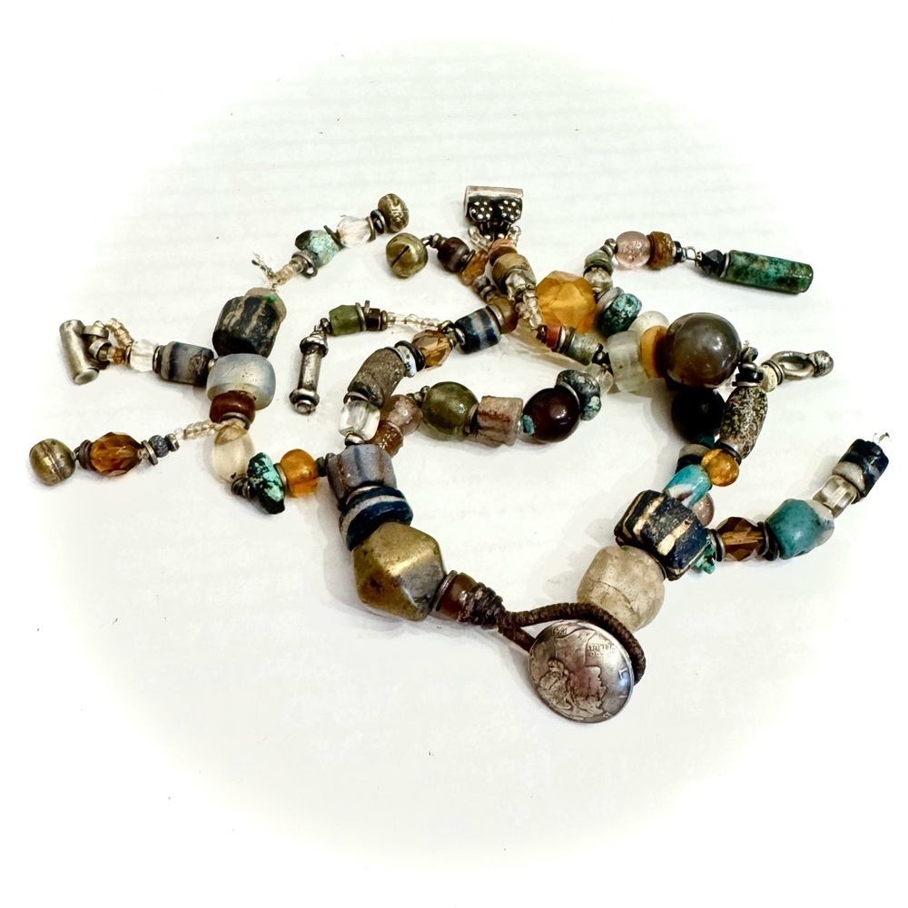 Vintage Rare Unique Artsy Sterling Silver Beaded Bracelet Buffalo Nickel Jewelry
